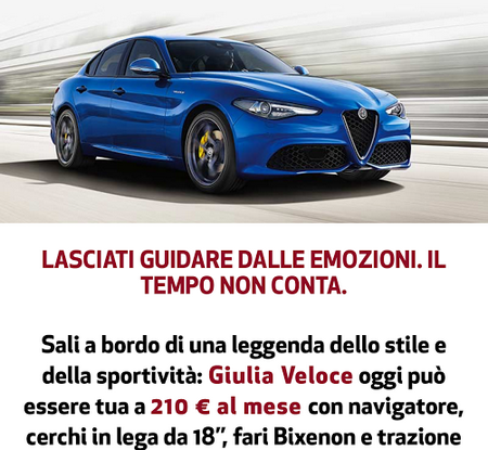 Giulia Veloce tua a 210 euro al mese