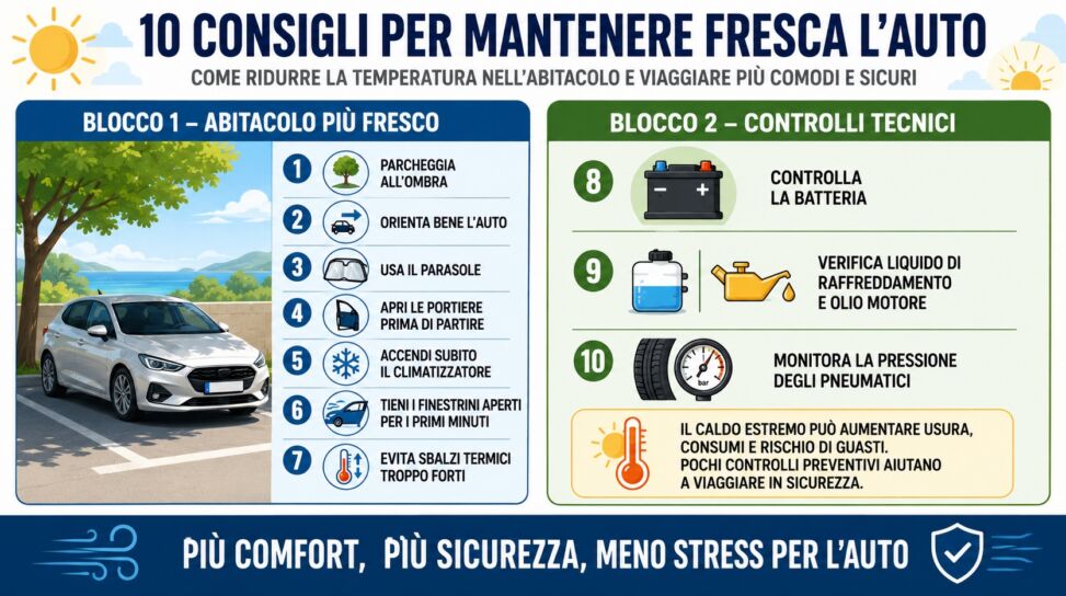 Caldo in auto: 10 consigli di Infomotori per viaggiare freschi e sicuri in estate
